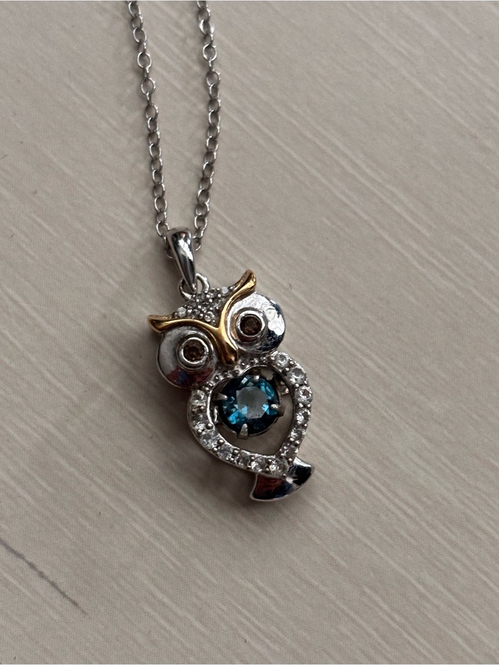 Silver & Golf Tone plated Owl Pendant Necklace with Sapphire Stone